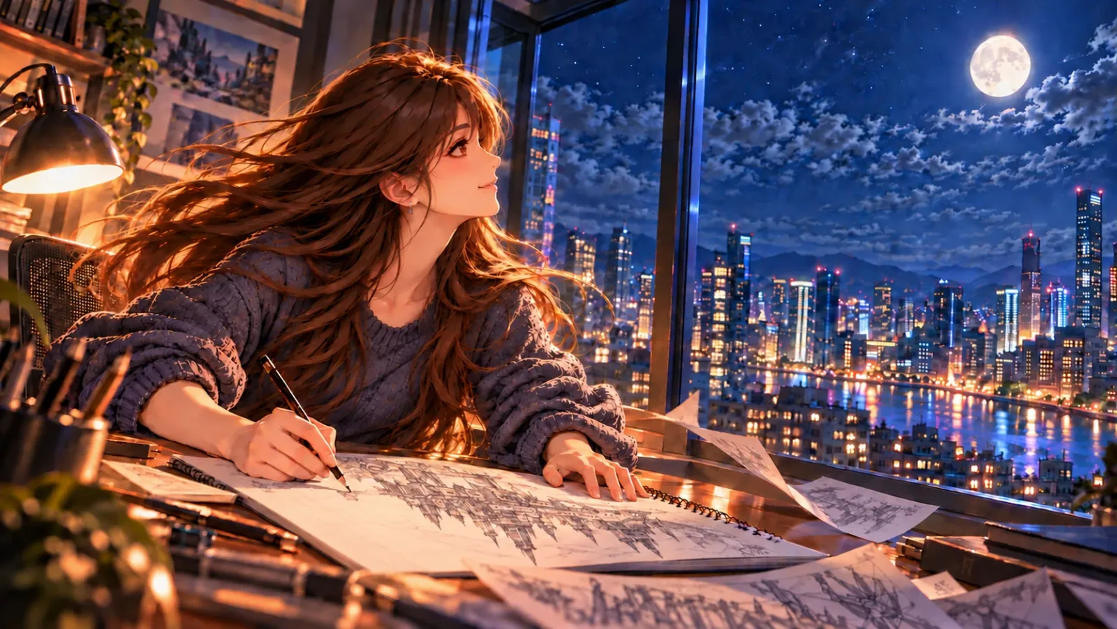 夜景と満月が見える窓辺で、スケッチブックにペンを走らせながら空を見上げるクリエイターのイラスト